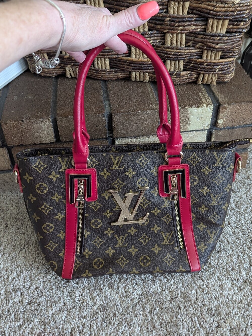 Monogram Brown & Red/Pink Fashion Tote Purse - Picture 2 of 15